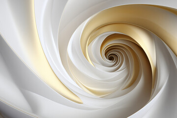 Volumetric abstract background, white and gold. Geometric background, spiral resembles a rose.