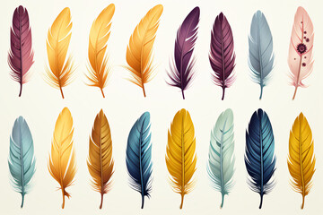 Vector feathers collection, watercolor feathers on white background. Realistic style, colorful vector  - obrazy, fototapety, plakaty