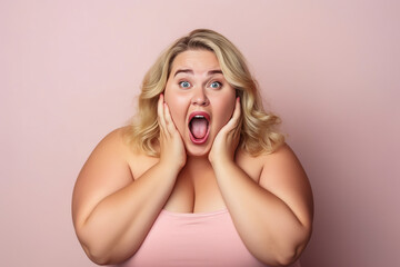 Shocked overweight blonde woman with hand on face.