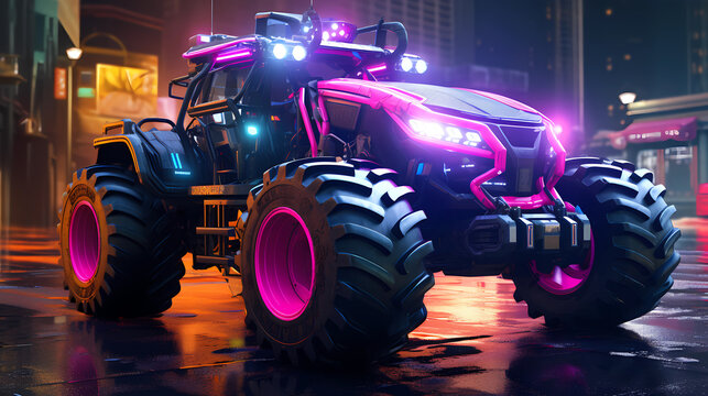 Cyberpunk Futuristic Tractor Hyperrealistic 3D-Style Concept. Standing in the garage in neon light.