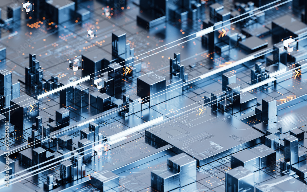 Poster metallic cube circuit board, 3d rendering.