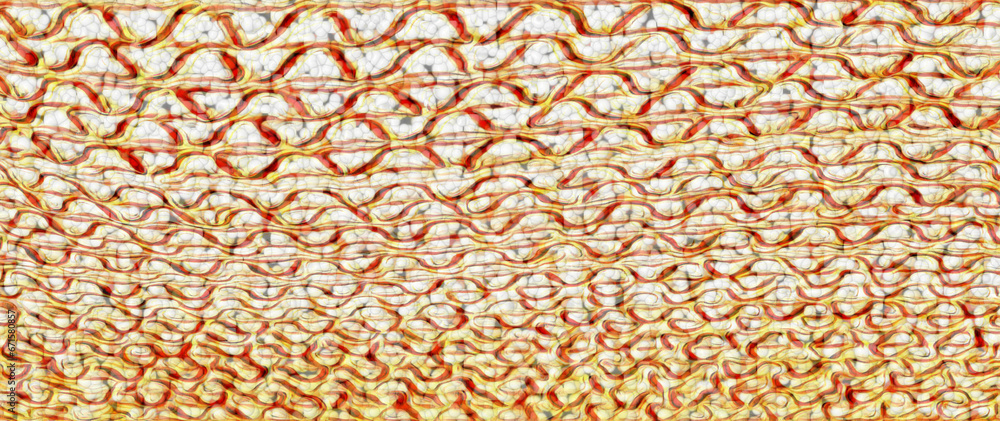 Poster patterns and intricate unique designs in orange and gold based upon end-on view of a stack of corrug