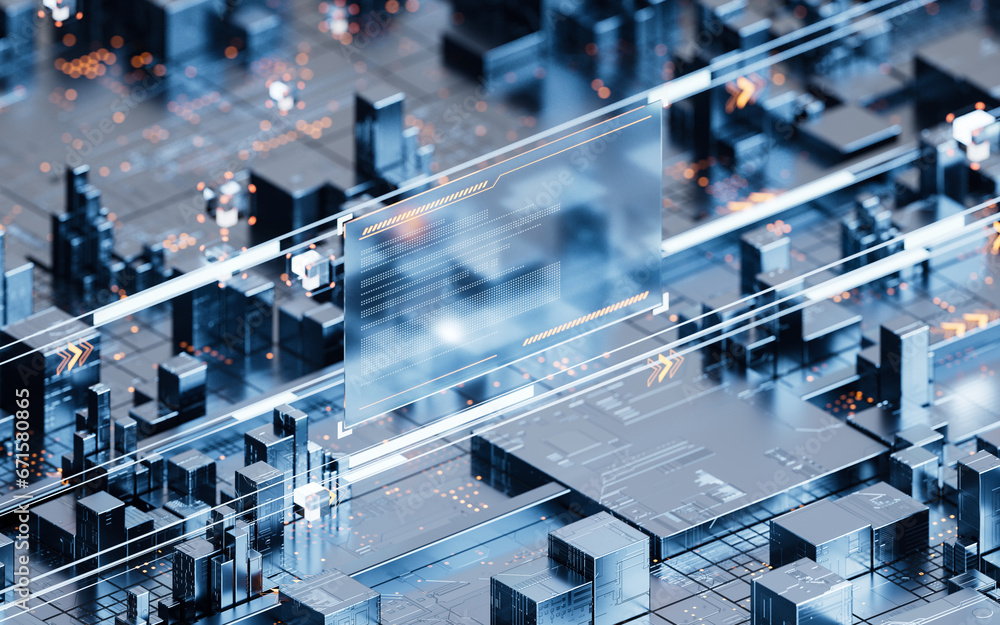 Poster metallic cube circuit board, 3d rendering.