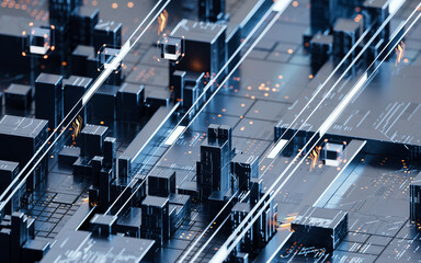 Metallic cube circuit board, 3d rendering.
