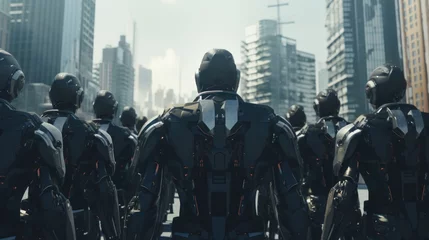 Fotobehang army of robots is approaching a big city. invasion of military robots. Dramatic apocalypse super realistic concept. Future. © zayatssv