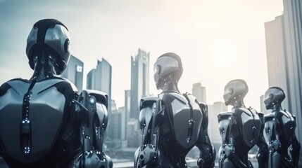army of robots is approaching a big city. invasion of military robots. Dramatic apocalypse super realistic concept. Future.
