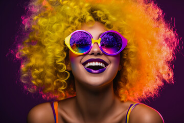 Funky woman with multicolored hair and plastic glasses. - obrazy, fototapety, plakaty