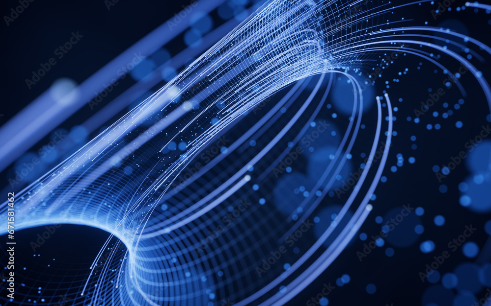 Poster flowing digital lines with cyberspace background, 3d rendering.