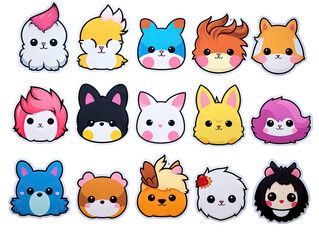 Set of fun kawaii animal stickers for decoration of all kinds on transparent background.