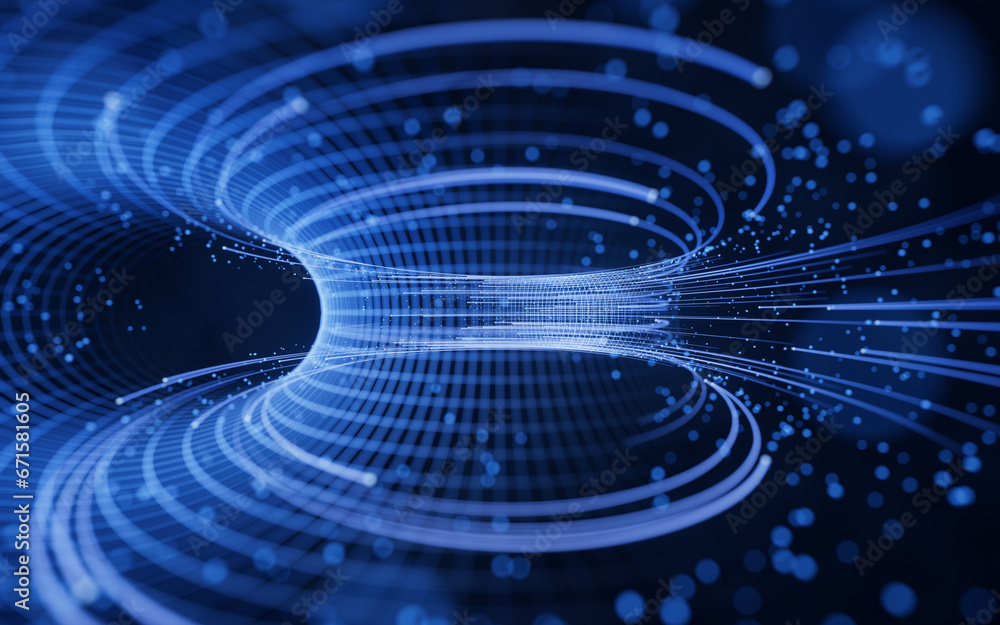 Poster flowing digital lines with cyberspace background, 3d rendering.