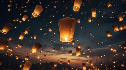 Fototapeta premium Bright paper lanterns fly away. AI generated.