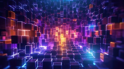 Glowing neon cubes. Abstract background. AI generated.