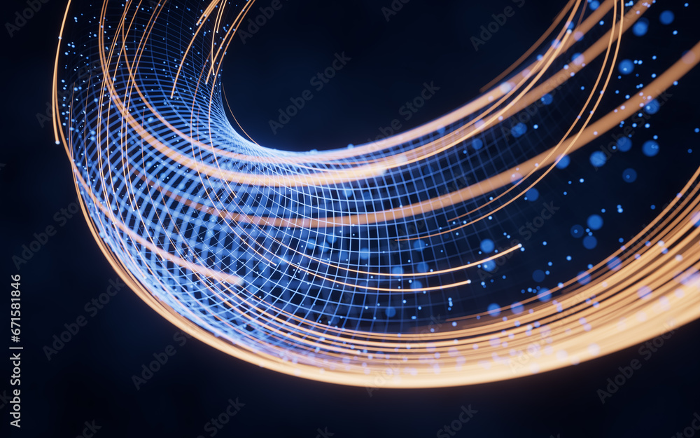 Poster flowing digital lines with cyberspace background, 3d rendering.