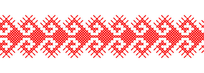 Ukrainian red ornament for textile, fabric, cloth. Vector seamless pattern, print. Ukrainian folk, ethnic ornament. Pixel art vyshyvanka, cross stitch