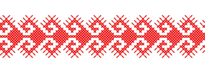 Poster Ukrainian red ornament for textile, fabric, cloth. Vector seamless pattern, print. Ukrainian folk, ethnic ornament. Pixel art vyshyvanka, cross stitch © alstanova@gmail.com