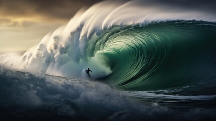 Surfer under the big wave. AI generated. - obrazy, fototapety, plakaty