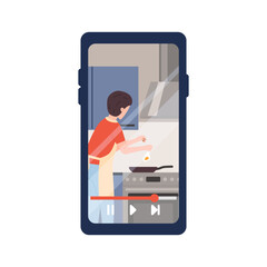 Mobile phone screen with video about cooking process flat style