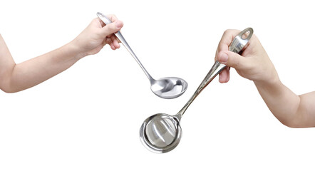 Stainless steel ladle in hand PNG transparent