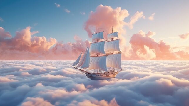 Sailing ship in heaven. Dream concept. AI generated.