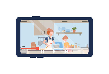 Video broadcast of lesson for cooking with children, flat vector isolated.