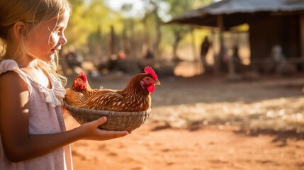 A child holds chicken food in her outstretched palms, towards a tame chicken, who approaches her. Focus is on the red hen. Various other chickens stand in the background.
 - obrazy, fototapety, plakaty