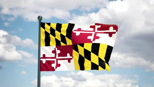 Maryland state waving flag. USA Close up American MD flag flutters in the wind. Cloudy sky background. Realistic 3d render cgi.