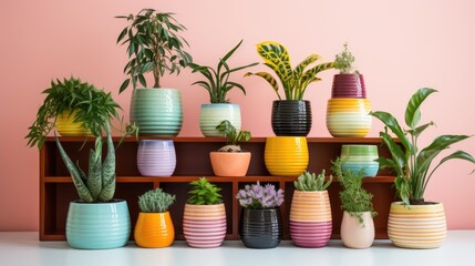 A group of multicolored ceramic planters stacked on the dresser.
