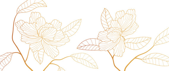 Luxury golden botanical vector background. Golden gradient. Peonies, floral lines, wallpaper design for prints, covers, wall art, greeting cards, wedding cards