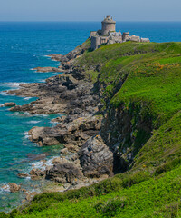Pointe de la Latte, seeing Fort la Latte in the background, near Cape Fréhel, in the Côtes-d'Armor department in the commune of Plévenon, BRITTANY.