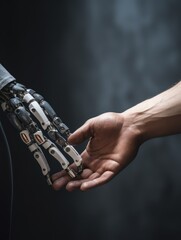 robotic and humanoid hands closeup, technology of artificial intelligence