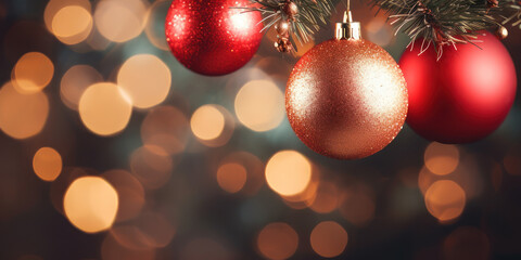christmas background with gift box fir tree , snow and bauble on bokeh gold background