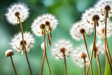 White fluffy dandelions, natural green blurred spring background, 