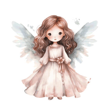Christmas night angel with wings watercolor paint for holiday greeting card decor on white