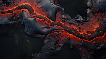Aerial shot looking directly down on a river of lava, Iceland.
