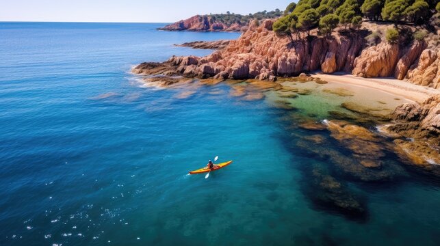 Aerial picture of two girls practicing kayak in a paradise place of the Costa Brava beach with beautiful and transparent blue water on summertime.

