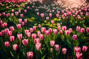 Amazing nature concept of pink tulips flowering under sunlight at summer or spring day landscape. Natural view of tulip flowers blooming in the garden with green grass as morning spring background
