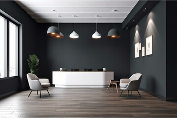 Modern office reception with white armchairs, dark wall, grey desk, and wooden floor. Generative AI