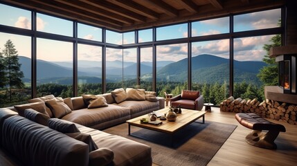 Fototapeta premium large living room window in a mountain house that overlooks the mountain range, copy space, 16:9