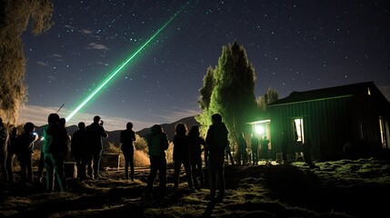 amateur astronomer, standing next to a telescope uses a green laser pointer to show a constellation to Iranian tourists taking part a training session to observe meteors, at an eco resort
