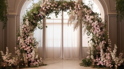 large, circular floral arbor, concept: wedding,  copy space, 16:9