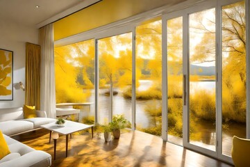 A scenic view from inside of weekend cottage by the riverside room color yellow and white - obrazy, fototapety, plakaty