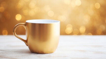 Obraz na płótnie Canvas golden coffee mug on a white coffee table, copy space, 16:9