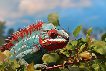 Fototapeta premium The close up portrait of the colorful chameleon lizard hangs on the tree branch. Generative AI.