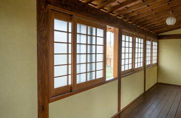 closeup of traditional wooden Japanese house