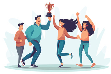 Happy people win golden cup, Winners team,  successful champions dancing and celebrating victory, vector illustration
