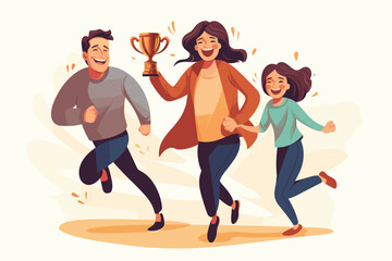 Happy people win golden cup, Winners team,  successful champions dancing and celebrating victory, vector illustration