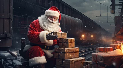 Fotobehang Santa Claus secret base, filling container trucks with presents © ZoomTeam