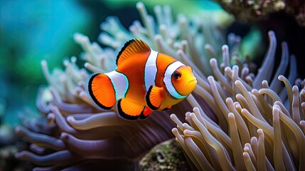 Naklejka na ściany i meble Beautiful clownfish hiding in blue sea anemone. 
