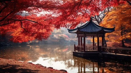 Beautiful frame of red ancient pavilion, sunlight and red maple trees in small pond, Autumn scene of Naejangsan national park in Jeongeup, South Korea.
