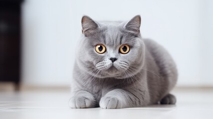 Big-eyed naughty obese cat looking at the target. British sort hair cat.

